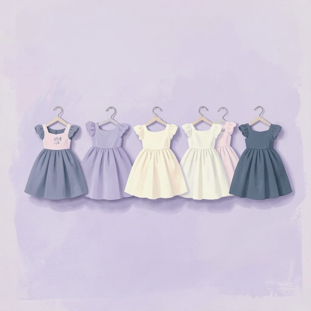 A matte gouache painting in soft lavender, buttercream, and slate blue tones depicting a row of tiny doll dresses on miniature hangers