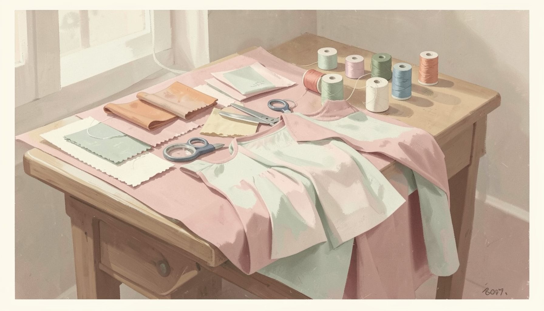 A soft matte gouache poster painting in muted cream, dusty rose, and pale sage green, showing a sewing table with fabric swatches and scissors