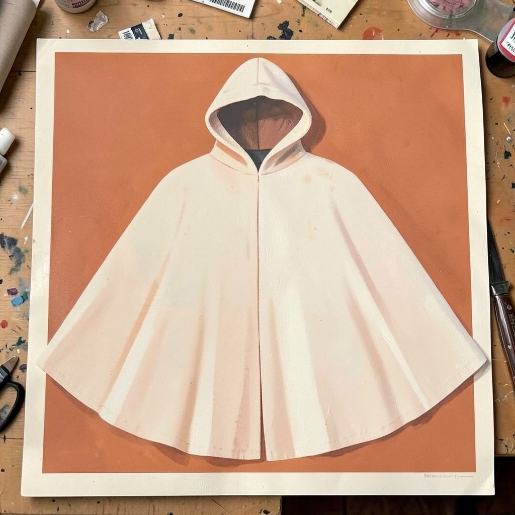 A matte gouache painting in terracotta, sand, and soft white of a costume cape with a hood laid out on a worktable