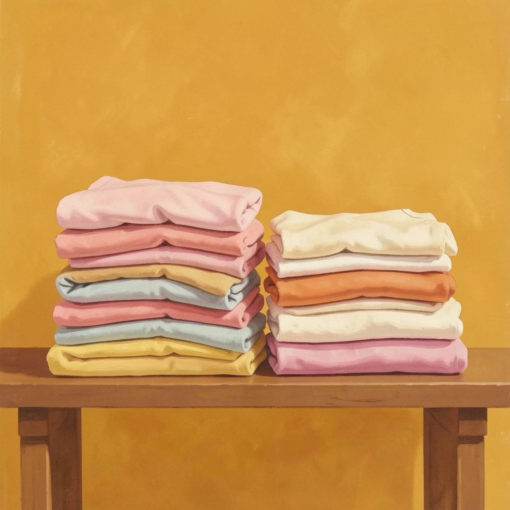 A matte gouache painting in warm ochre, blush pink, and cream showing folded children's garments stacked neatly on a wooden shelf