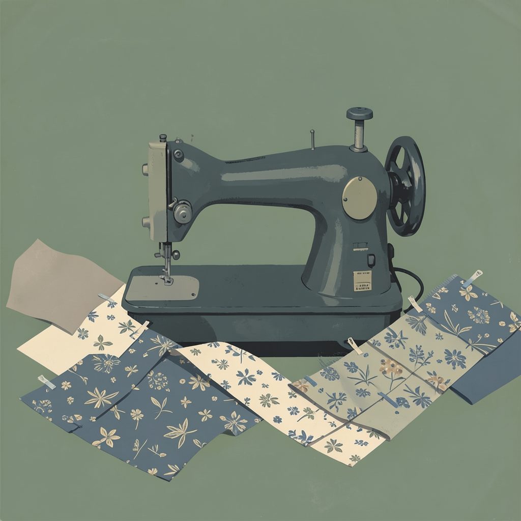 A matte gouache painting in sage green, dusty blue, and ivory of a sewing machine surrounded by pattern pieces and pinned fabric