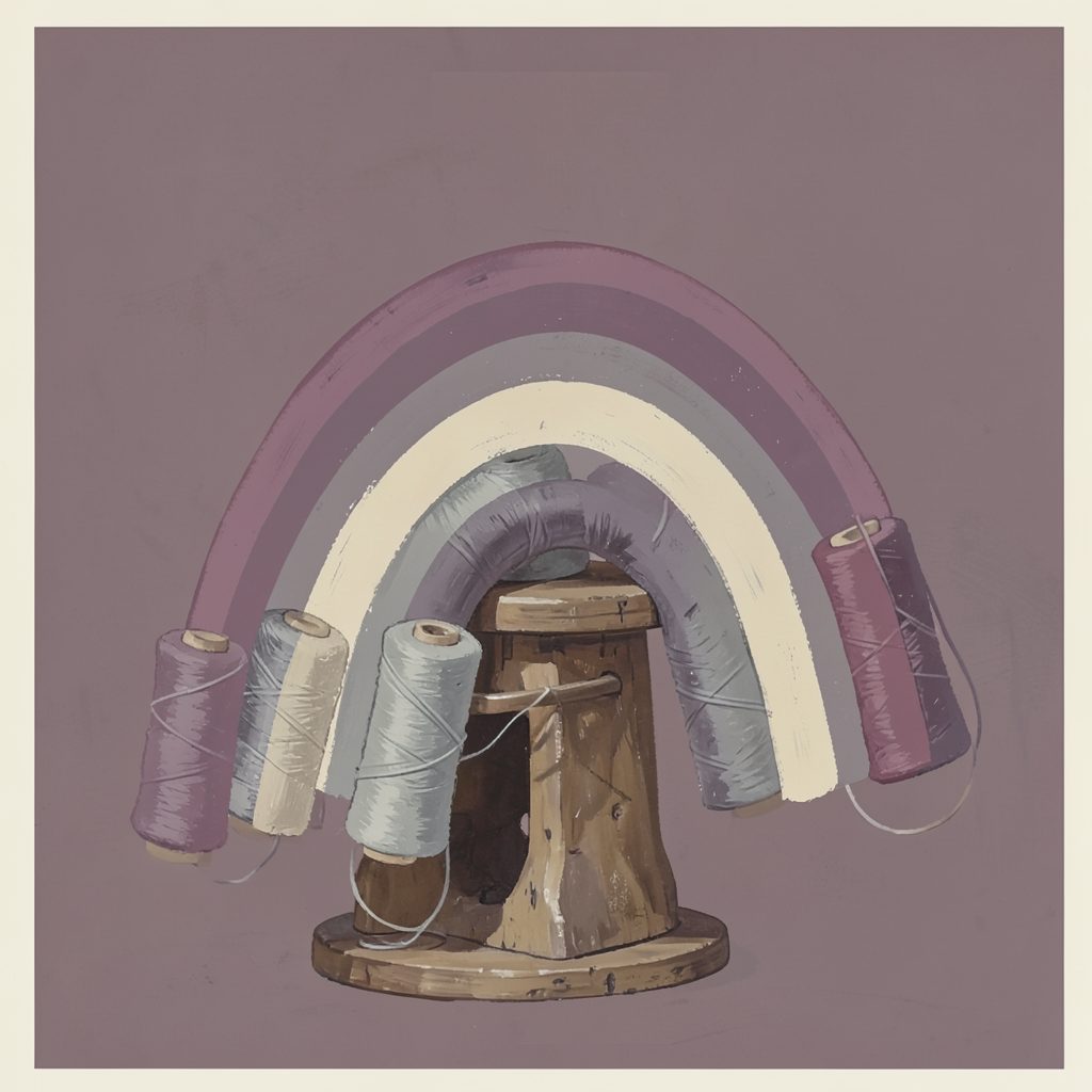 A matte gouache painting in muted plum, grey, and cream of spools of thread arranged in a rainbow on a weathered wooden table